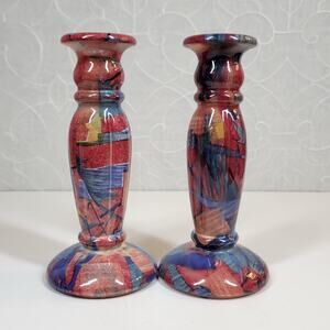 VINTAGE Candle Stick Holder 7.25" Blue Red Multi Glazed Reverse Hand Painted